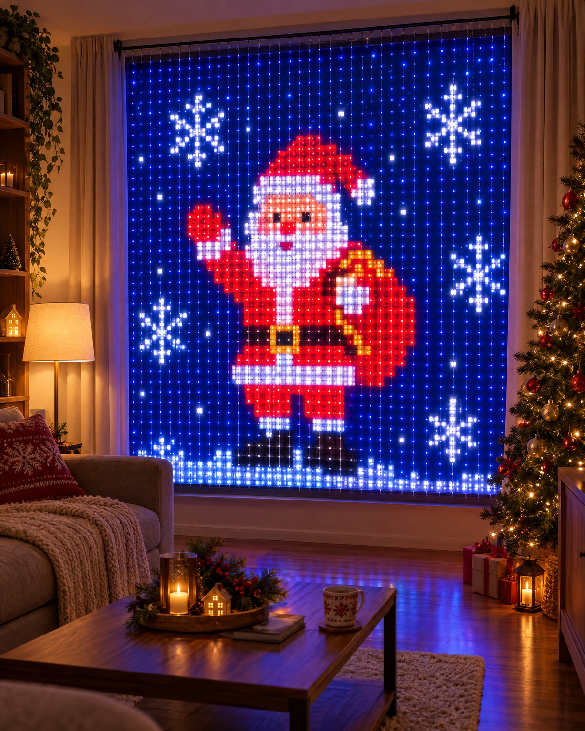 Cortina de luces inteligentes Brillora en la ventana del salón